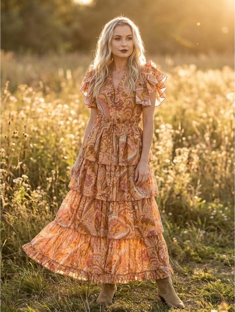 XS Love the Label Anthropologie Lucia Open-Back Tiered Ruffle Maxi Dress